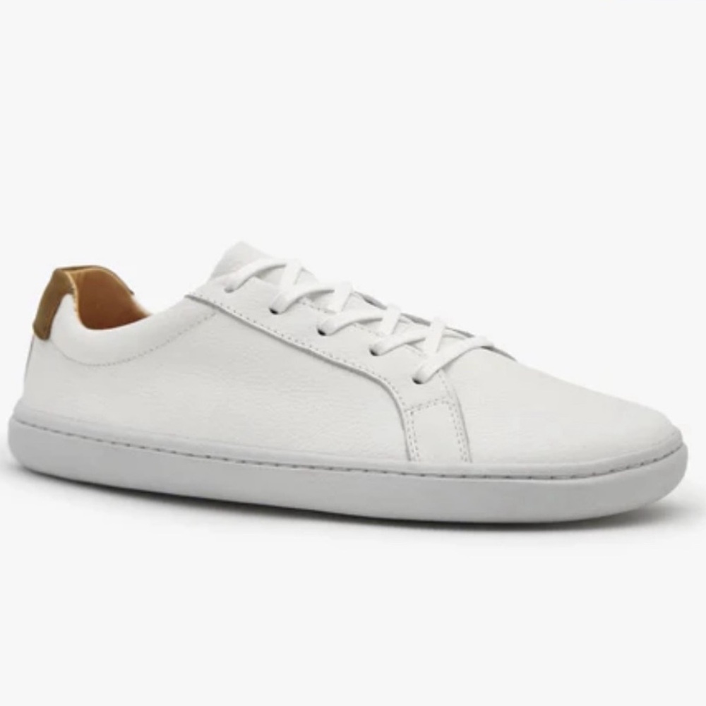 Women’s White Leather Sneakers with Tan Heel Accent